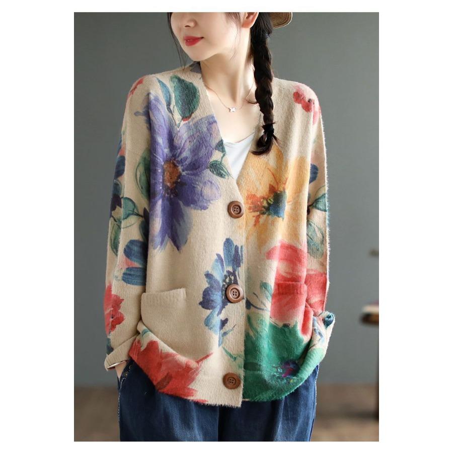 

Осенне-зимние кардиганы из меха норки с цветочным принтом для женщин, свободная литературная ретро-одежда, повседневная трикотажная куртка с длинным рукавом и V-образным вырезом 4XL