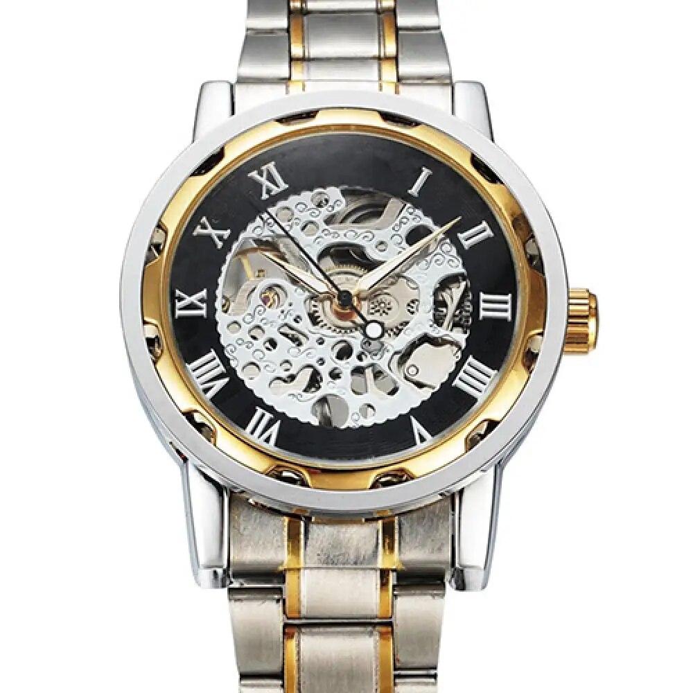 Men Skeleton Roman Numerals Hollow Dial Stainless Steel Band Mechanical Watch Fashion Men's Business Watch