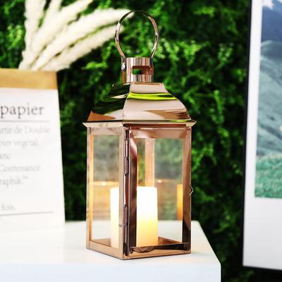 Vintage-Kerzenlaterne aus Edelstahl in Roségold zum Aufhängen, für drinnen und draußen, Hochzeiten und als Dekoration für Zuhause.