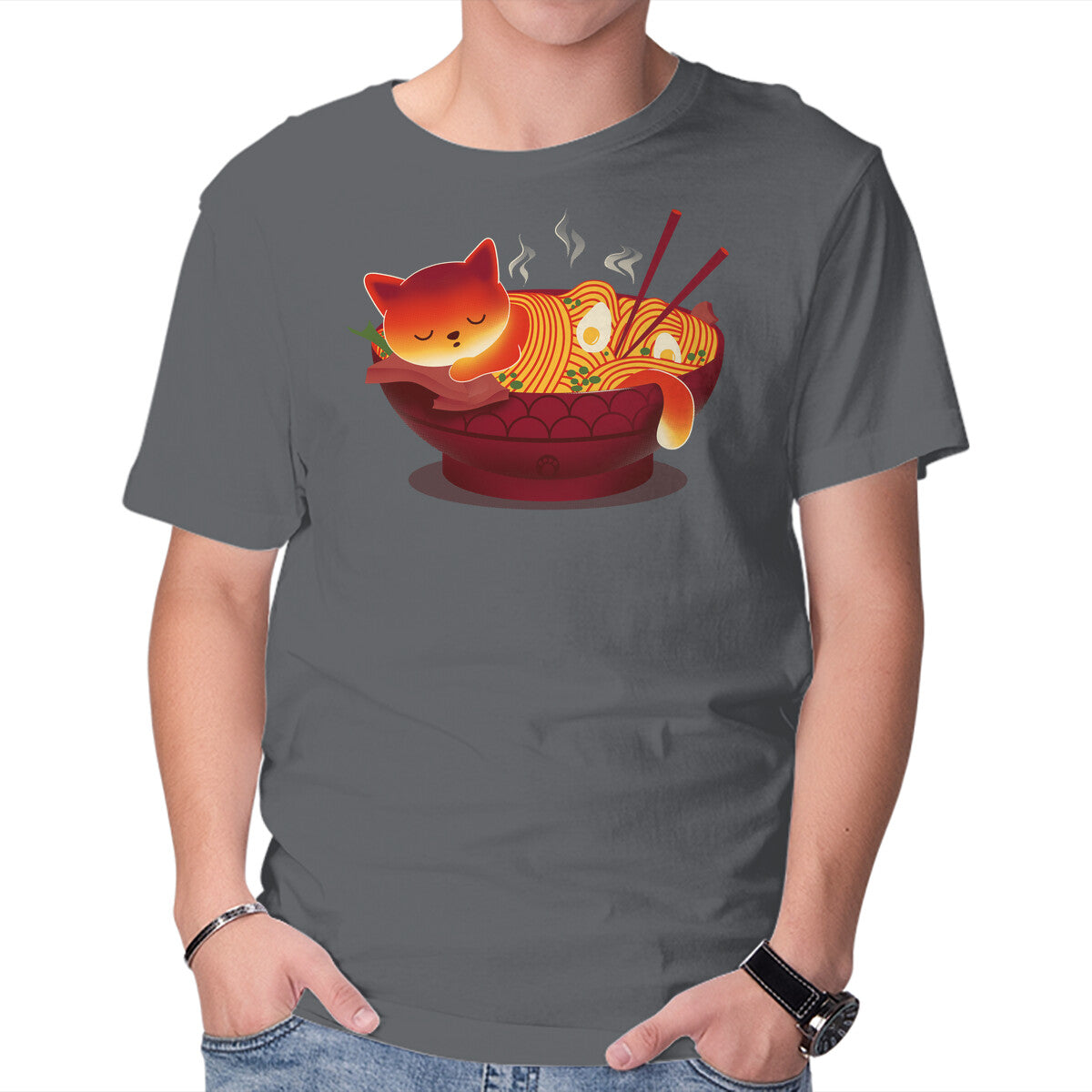Unisex Crew Neck T-Shirt Sleepy Ramen Cat Graphic Short Sleeve Casual Tee XXL