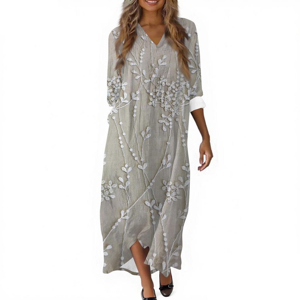 Women's Casual Fashion V-Neck Long Sleeve Textured Print Maxi Dress
