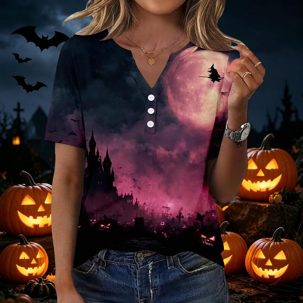 Women's Casual Halloween Print V Neck Short Sleeve Button Down T Shirt