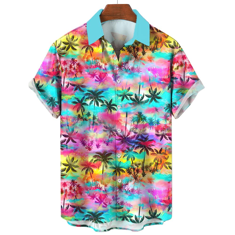 Hawaiian shirt, men's and women's 3D palm tree print, fashionable casual short sleeved shirt, lapel button top, oversized unisex clothing