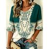 Women's Spring Summer Casual Blouse, Green & Beige Ethnic Floral Print Tops for Daily Street Holiday Dating & Leisure Outfit