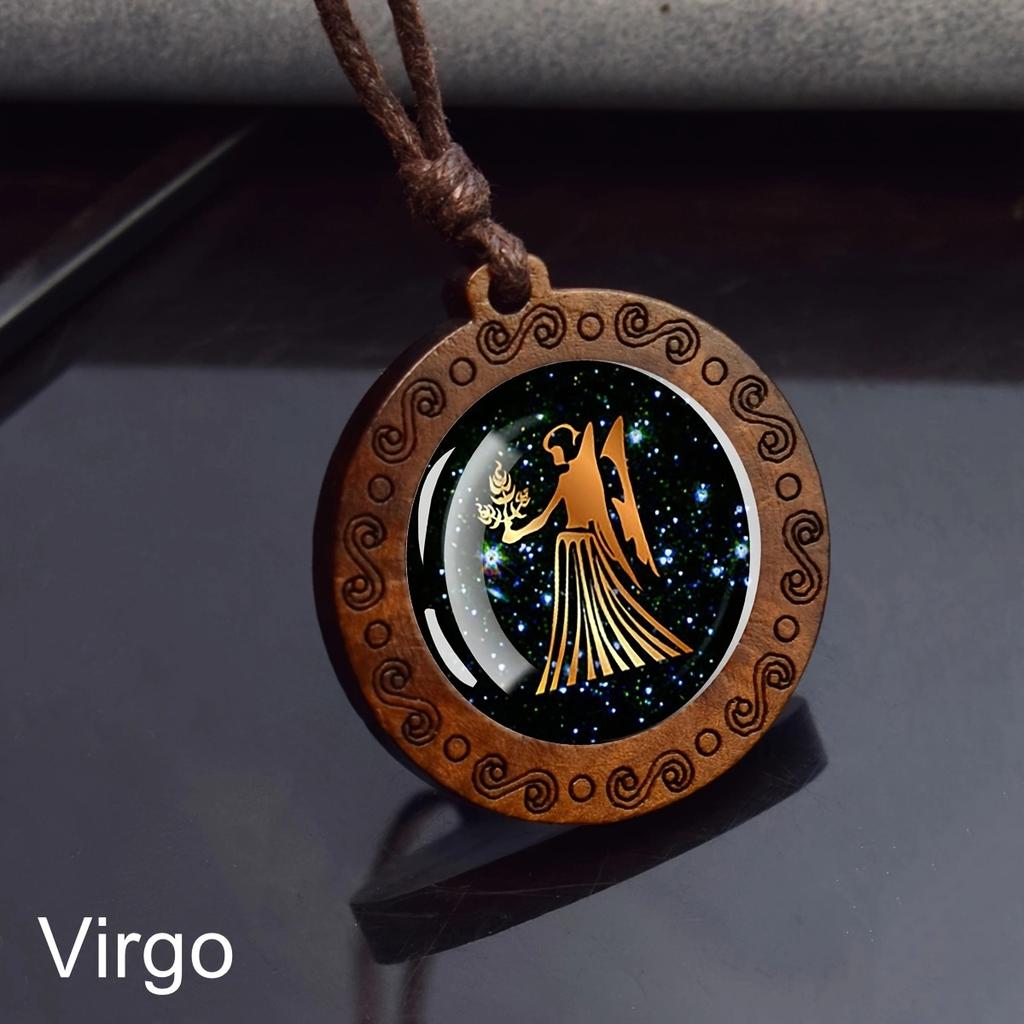 Halskette mit 12 Sternzeichen, Seilkette, Widder, Stier, Zwillinge, Krebs, Löwe, Jungfrau, Waage, Skorpion, Sternbild-Halskette, Holzanhänger