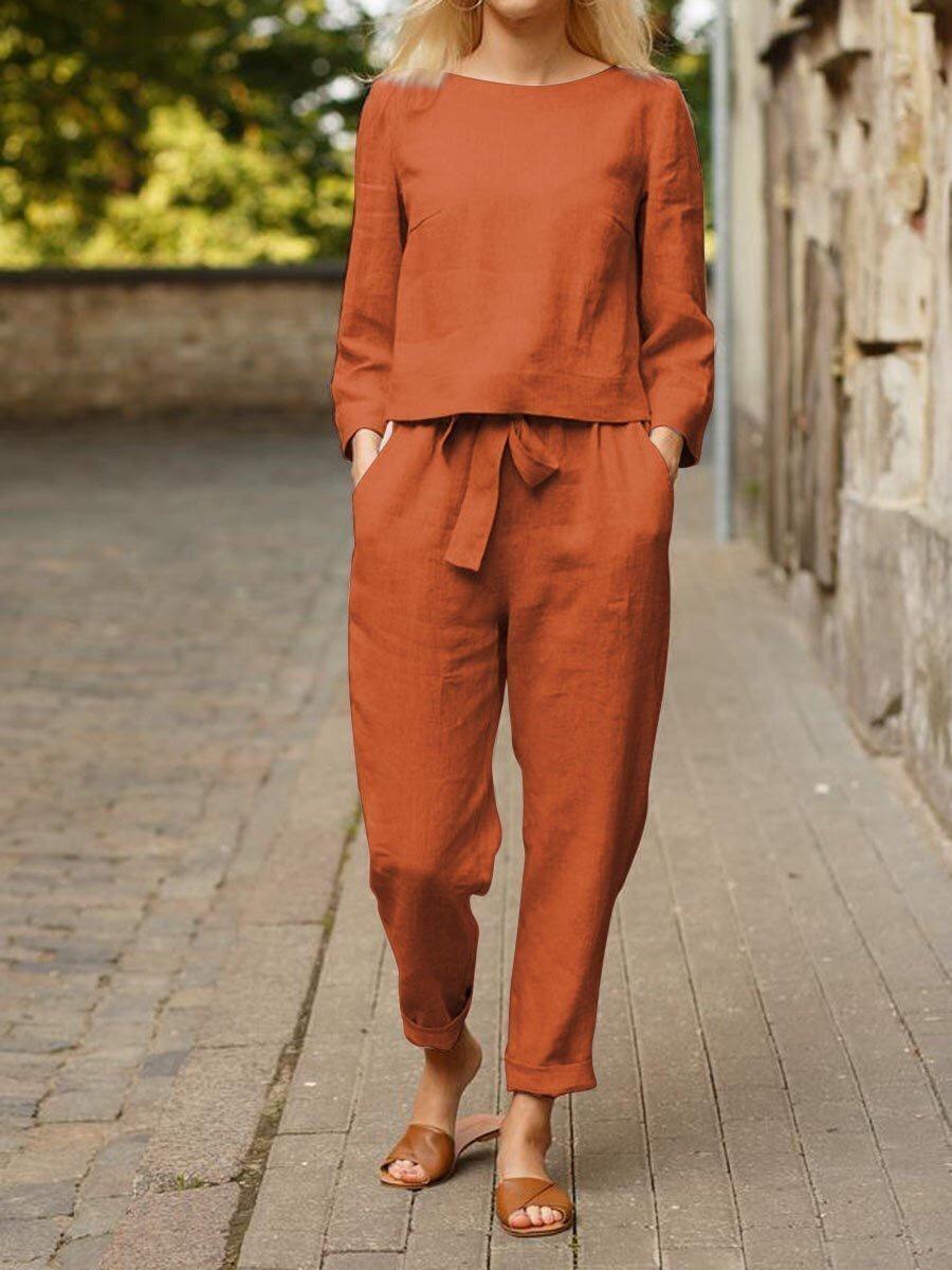 

Women s Solid Color Retro Linen Two-Piece Suit with Elastic Waist and Lace-Up - Spring/Summer Fashion. S