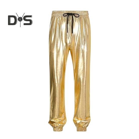 

Мужские брюки для выступлений, эластичный пояс на шнурке, облегающий щиколотку, с карманами, глянцевая поверхность, брюки в стиле диско, брюки для сцены, вечеринки, ночного клуба, косплея XXL жёлтый