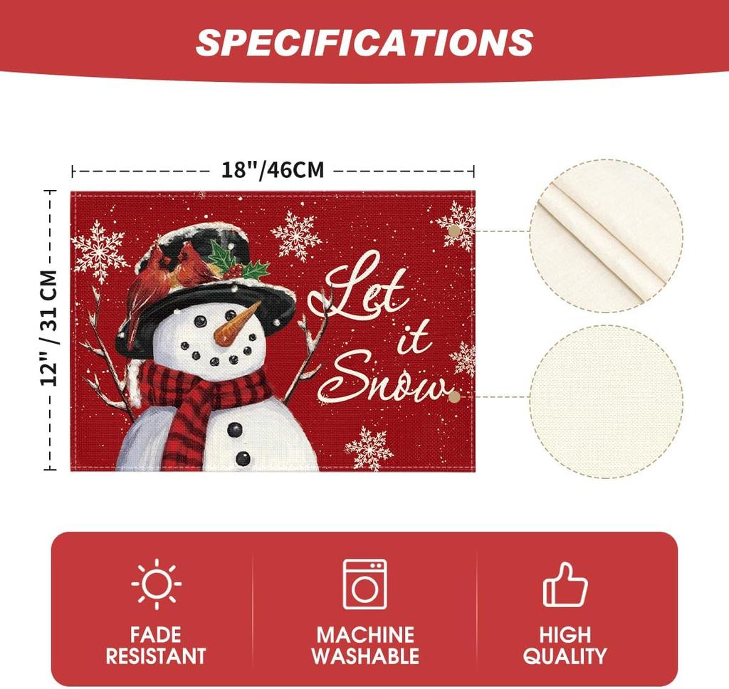 Red Snowman Let It Snow Winter Placemats Set of 4, 12x18 Inch Seasonal Christmas Holiday Table Mats for Party Kitchen Dining Decoration