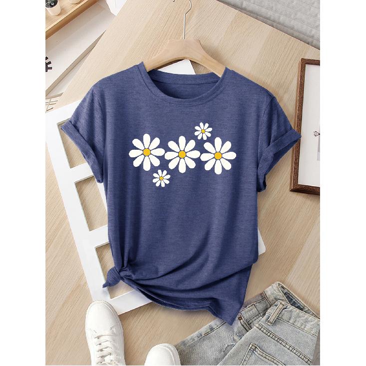 Women's European and American style summer short-sleeve top with contrasting colors and a print of several white daisy flowers, fashionable