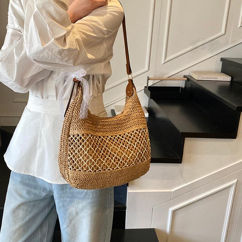 Yogodlns Women Hollow Shoulder Bag Large Capacity Straw Weaving Travel Handbag Adjustable Strap Shopper Tote Bag