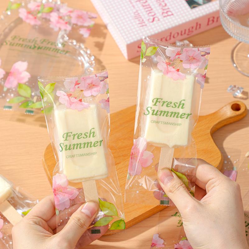 100Pcs Cherry Blossoms Printed Ice Cream Packaging Bag Heat Sealable Popsicle Plastic Wrappers For Homemade Ice Cream Yogurt
