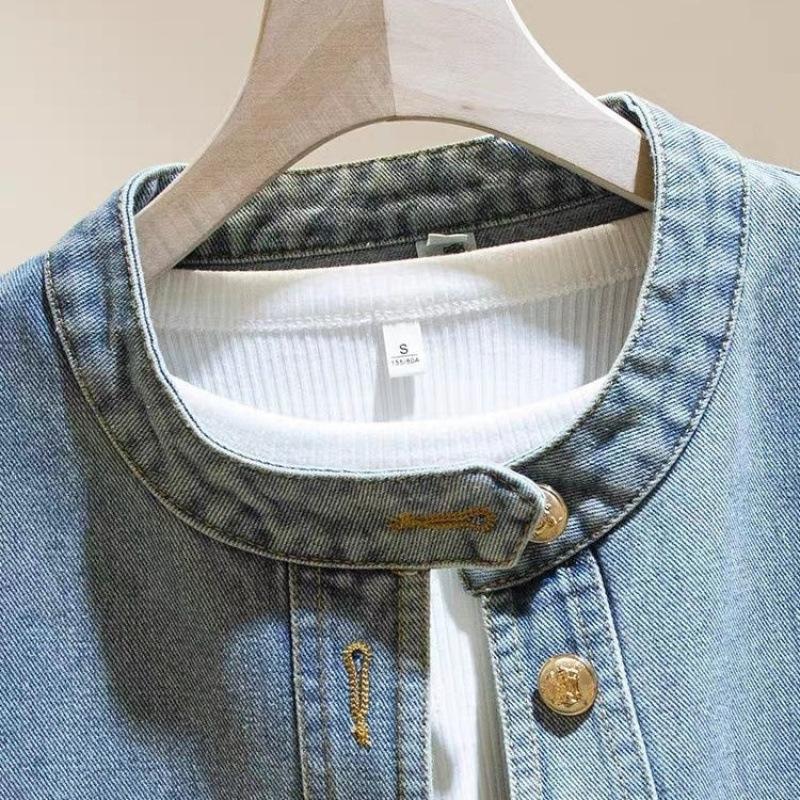 Stand-up Collar Retro High Coat Autumn Loose Versatile and Thin Jacket Top Minimal Round Collar Vintage Light Wash Gold Button Cropped Denim Jacket