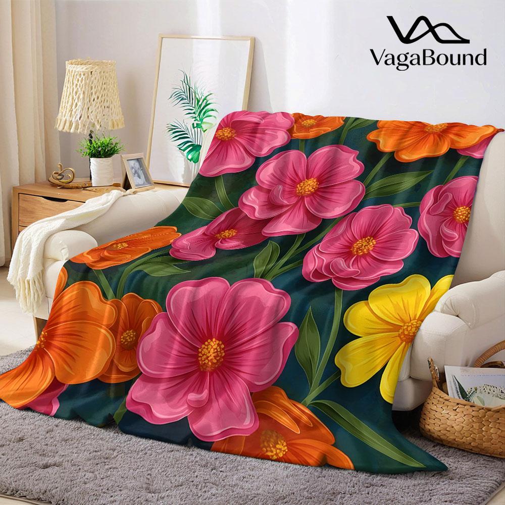 pink orange yellow floral Flannel Blanket Warm Soft Halloween Christmas Decorative Couch Warm Cozy All-Season Gift