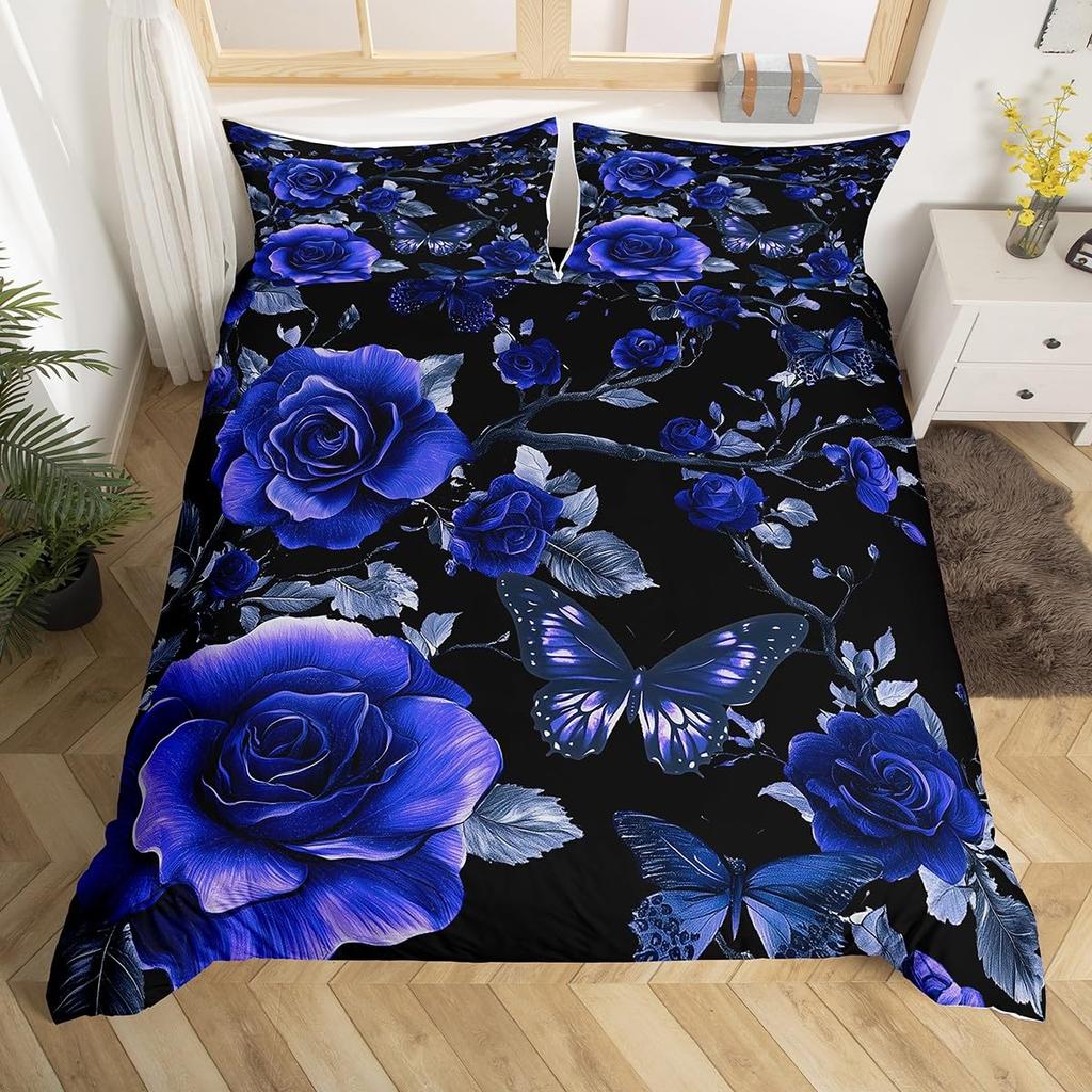 Royal Blue Roses Bedding Set Valentine's Day Flower Duvet Cover Girls Lovers Couple Comforter Cover Floral Polyester Quilt Cover