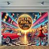 1 Piece of 2D Flat Banner  Mini Rock Theme 2D Background  Neon Lights Vintage Cars and Vinyl Records Design