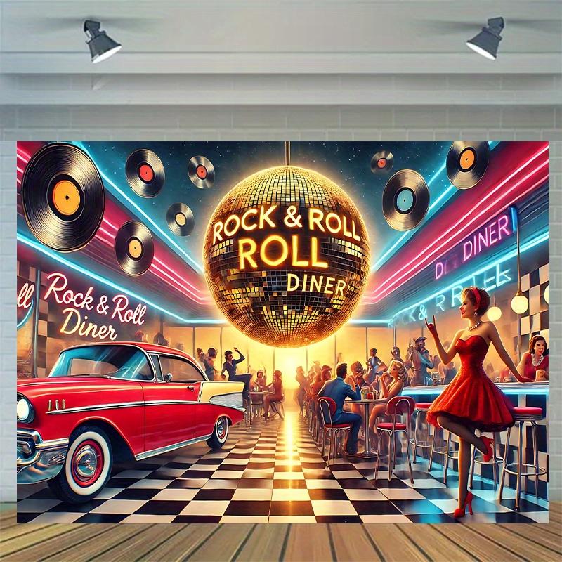 1 Piece of 2D Flat Banner  Mini Rock Theme 2D Background  Neon Lights Vintage Cars and Vinyl Records Design