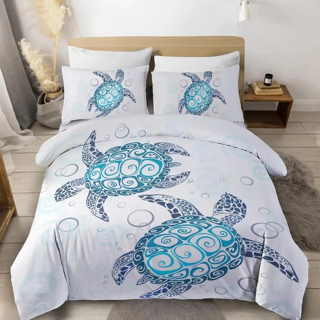 Sea Animals Duvet Cover Set Turtle Print Bedding Sets Queen Size 3D Gorgeous Luxury Comforter Cover Set Marine Life Quilt Cover