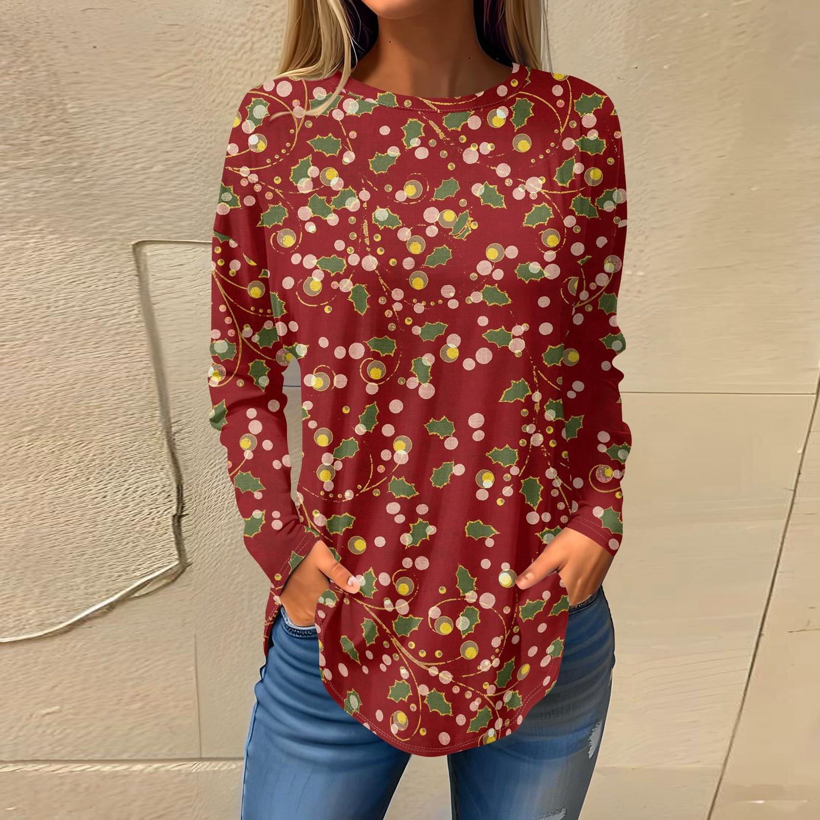 

Футболки для женщин, осенние повседневные рубашки с длинным рукавом, толстовки с винтажным графическим принтом, топы, пуловеры, рождественские XXXL винный