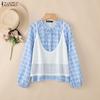 ZANZEA Damen Karo Druck Lässige Rundhals Langarm Bluse