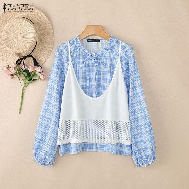 ZANZEA Damen Karo Druck Lässige Rundhals Langarm Bluse