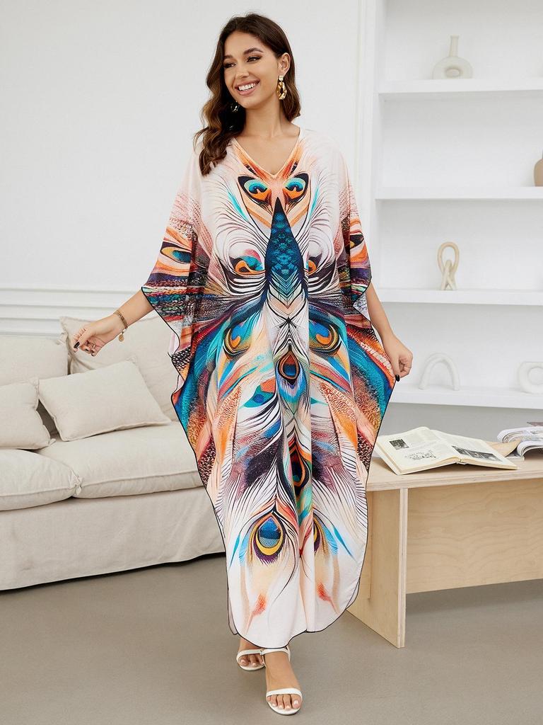 European-American Cotton Print Loose Plus Size Long Dress Beach Cover-Up Robe Style