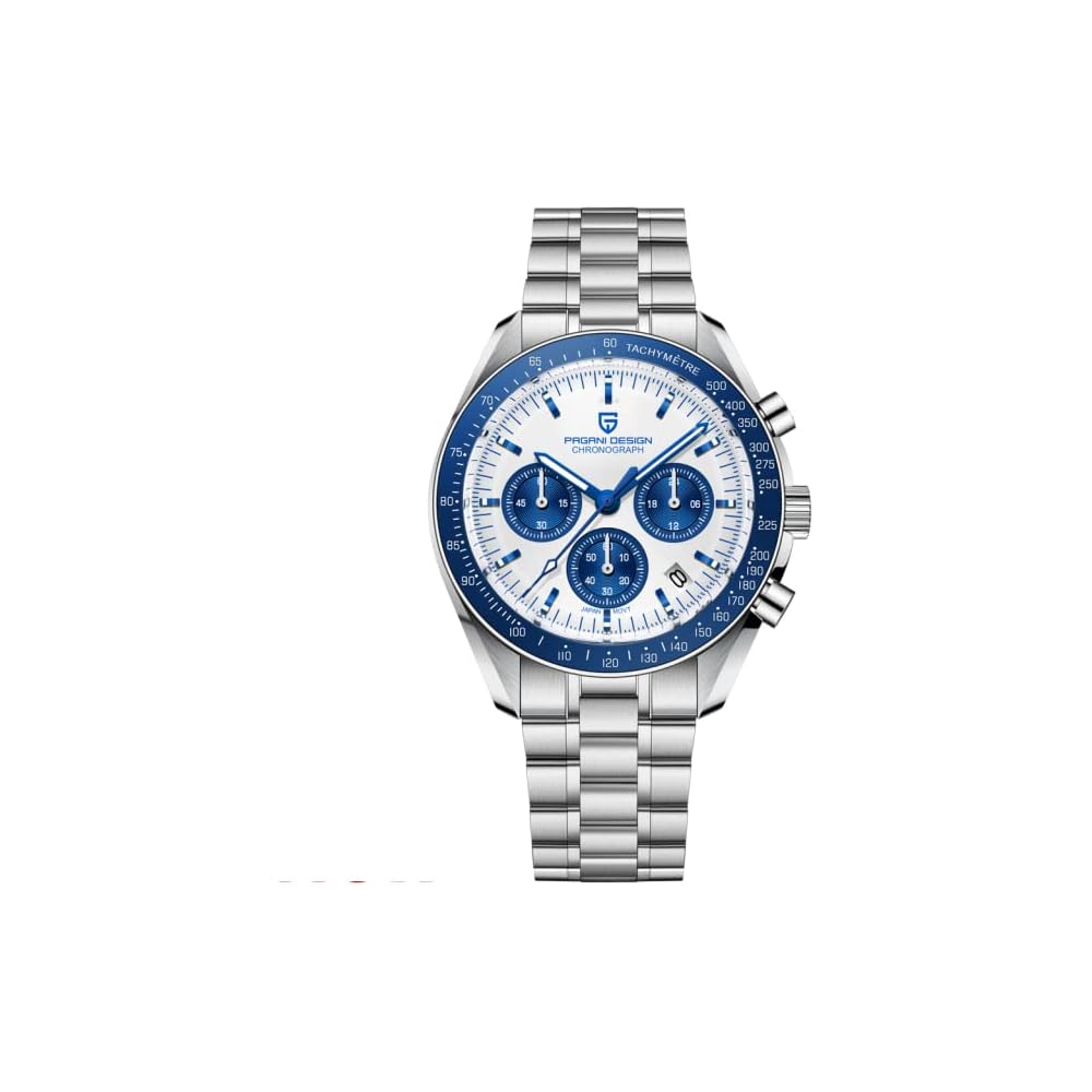 Pagani Design Men s Quartz Chronograph Watch Waterproof Stainless Steel Leather Strap Sapphire Glass White Blue