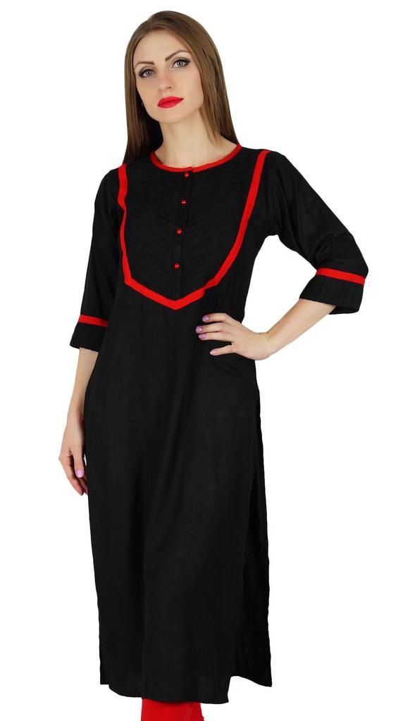 Bimba Women Black Red Rayon Tunic 3 4 Sleeve Kurta Kurti Casual Summer