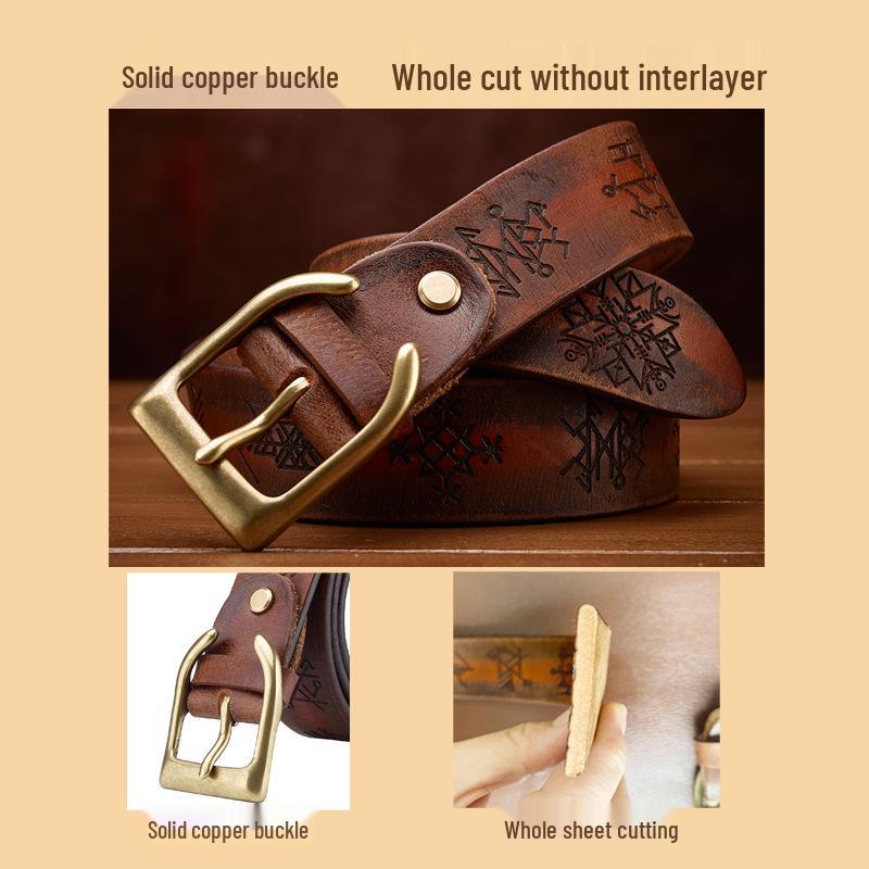 Genuine Leather Thickened Retro Cowhide Men's Belt - Handmade, Embossed, Casual, Versatile Jeans Waistband
