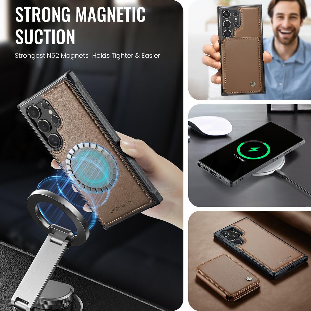 For Samsung Galaxy S25 Ultra Case JEEHOOD J05 Leather Mobile Cover with Detachable Magnetic Card Bag