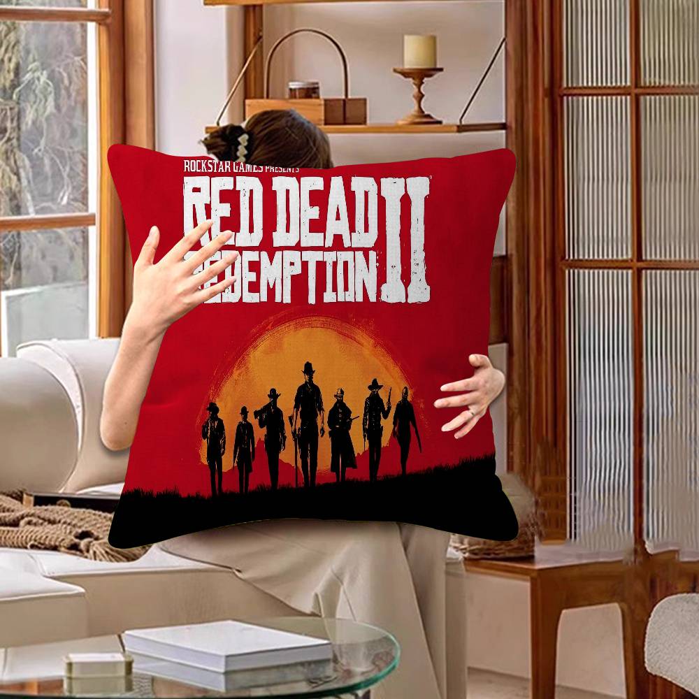 Funda de Almohada para TV de Juego Red-Dead-Redemption 2 Dibujos Animados Decorativa para Sofá del Hogar Impresión a Doble Cara Felpa Corta Funda de Cojín Linda