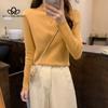 Nuevo invierno ajustado tejido de punto Color sólido cuello redondo señoras moda camisa por el trasero suéter mujer ropa