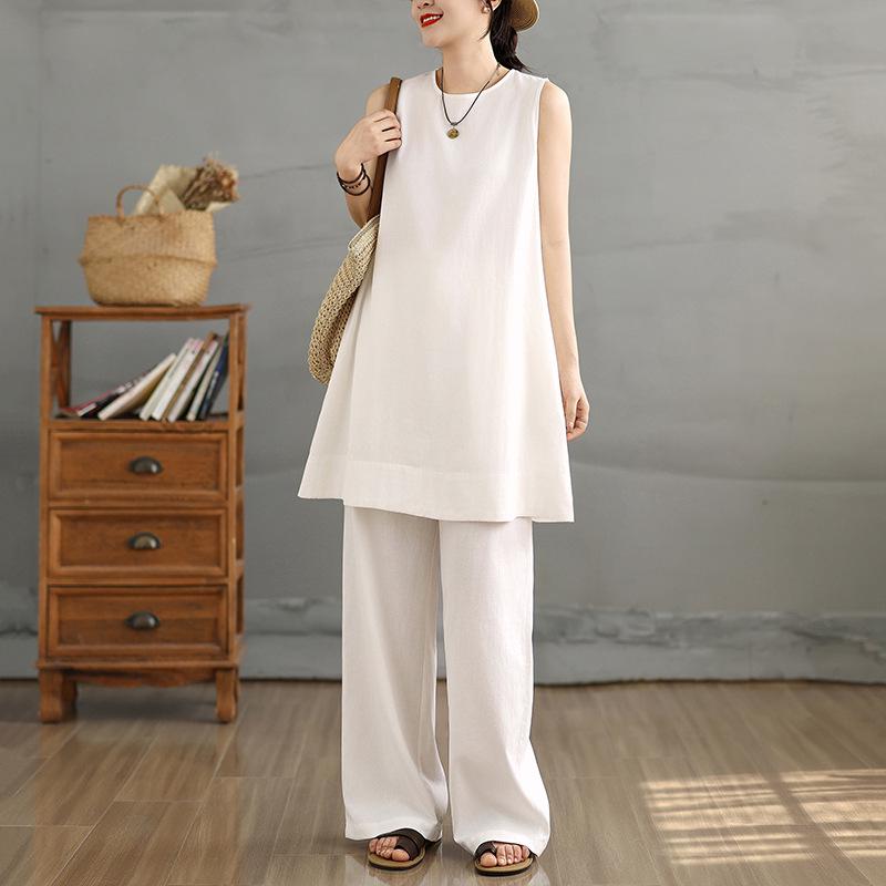 

Women s Summer Fashion Linen Suit: Relaxed Fit Camisole Dress & Wide Leg Pants Two-Piece Set XXL білий