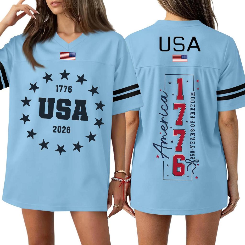 Womens Short Sleeve V Neck Oversized T Shirt 1776 2026 USA Letter Print Loose Fit Top Flag Graphic Tee
