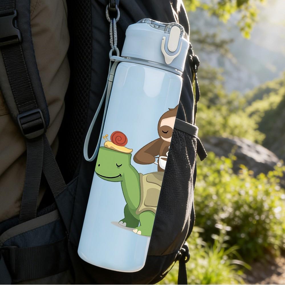 1PC Sloth Turtle Cute Cartoon Print 750ml Color Plastic Sports Water Bottle Leakproof Flip Straw Lid Suitable for Sports Office Home Use