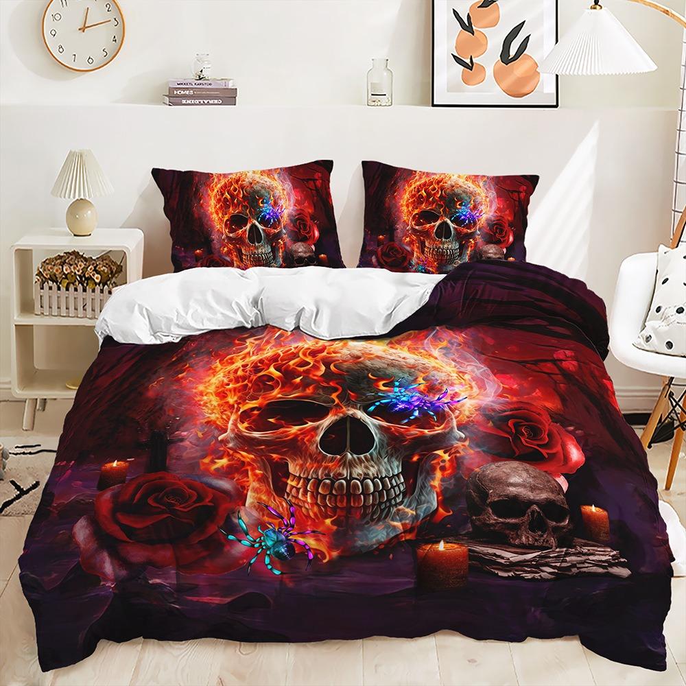 3D Gedrucktes Schädel Blumen Bettwäsche Set King Queen Bett Daunen Bettbezug Kissenbezüge 2/3tlg. Männer Jungen Teenager Bezug Halloween Geschenk