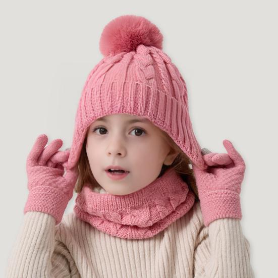 3Pcs/Set Kids Hat Scarf Gloves Set Colorful Twist Texture Hat Thickened Plush Lining Neck Gaiter Knitted Gloves Set