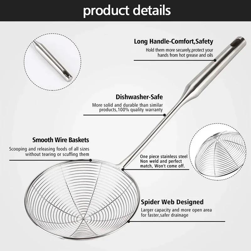 Stainless Steel Kitchen Strainer, Skimmer Ladle for Cooking & Frying, Wire Mesh Spoons with Long Handle