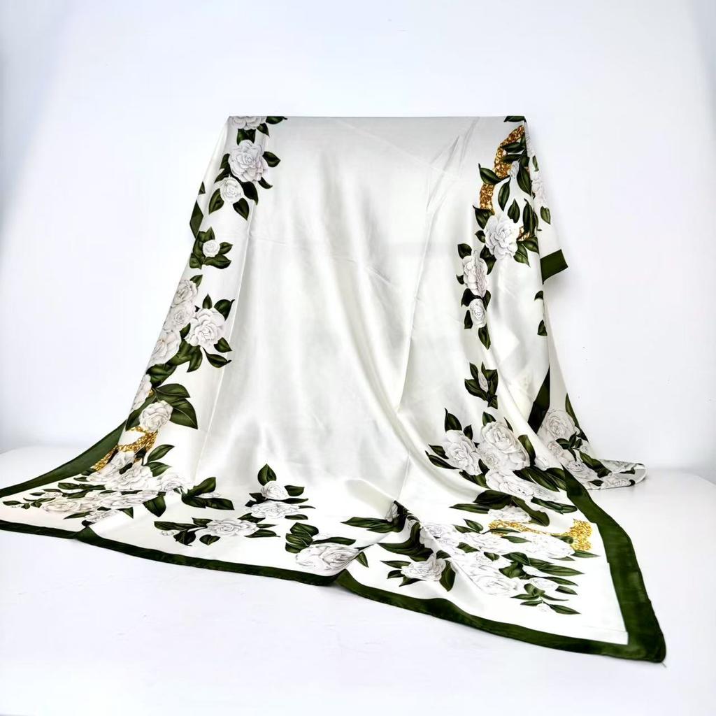Satin imitation silk flower pattern spring and summer 91x181 extended thin printing silk scarf camellia printing