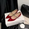 Sheepskin Golden Rivets 3cm Inner Height Increase Red Patent Leather Pointed Commuter Patent Leather One-word Buckle with Mary Jane Single Shoes