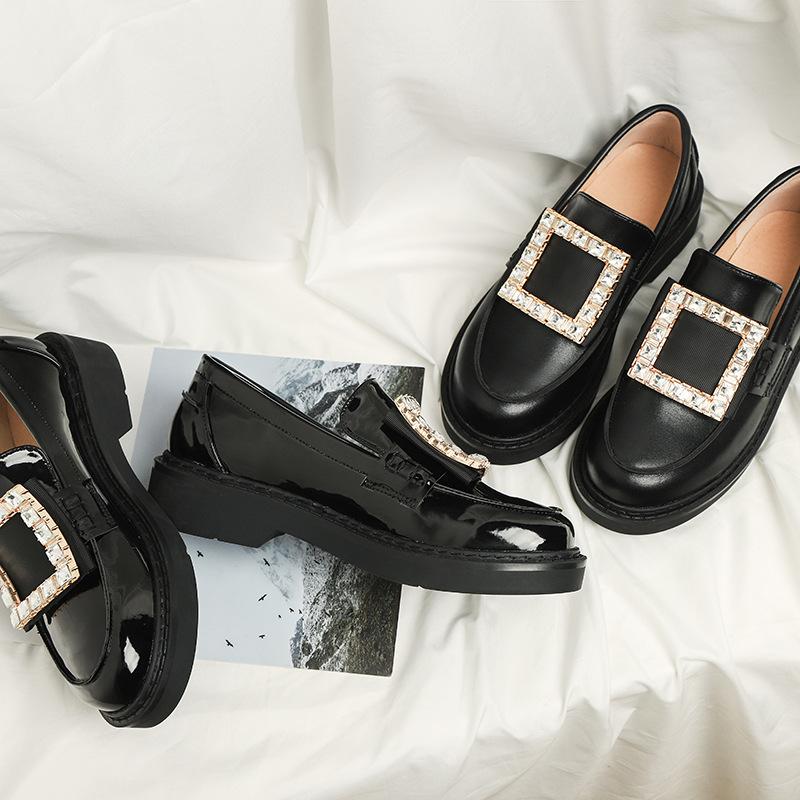Rhinestone square buckle platform small leather shoes women's British style retro single shoes round head muller shoes Mary Jane shoes