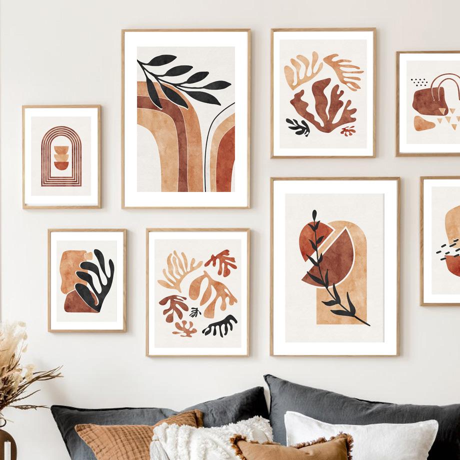 Boho Abstract Geometric Lines Coral Leaves Wall Art Canvas Painting Nordic Posters And Print Wall Pictures For Living Room Decor