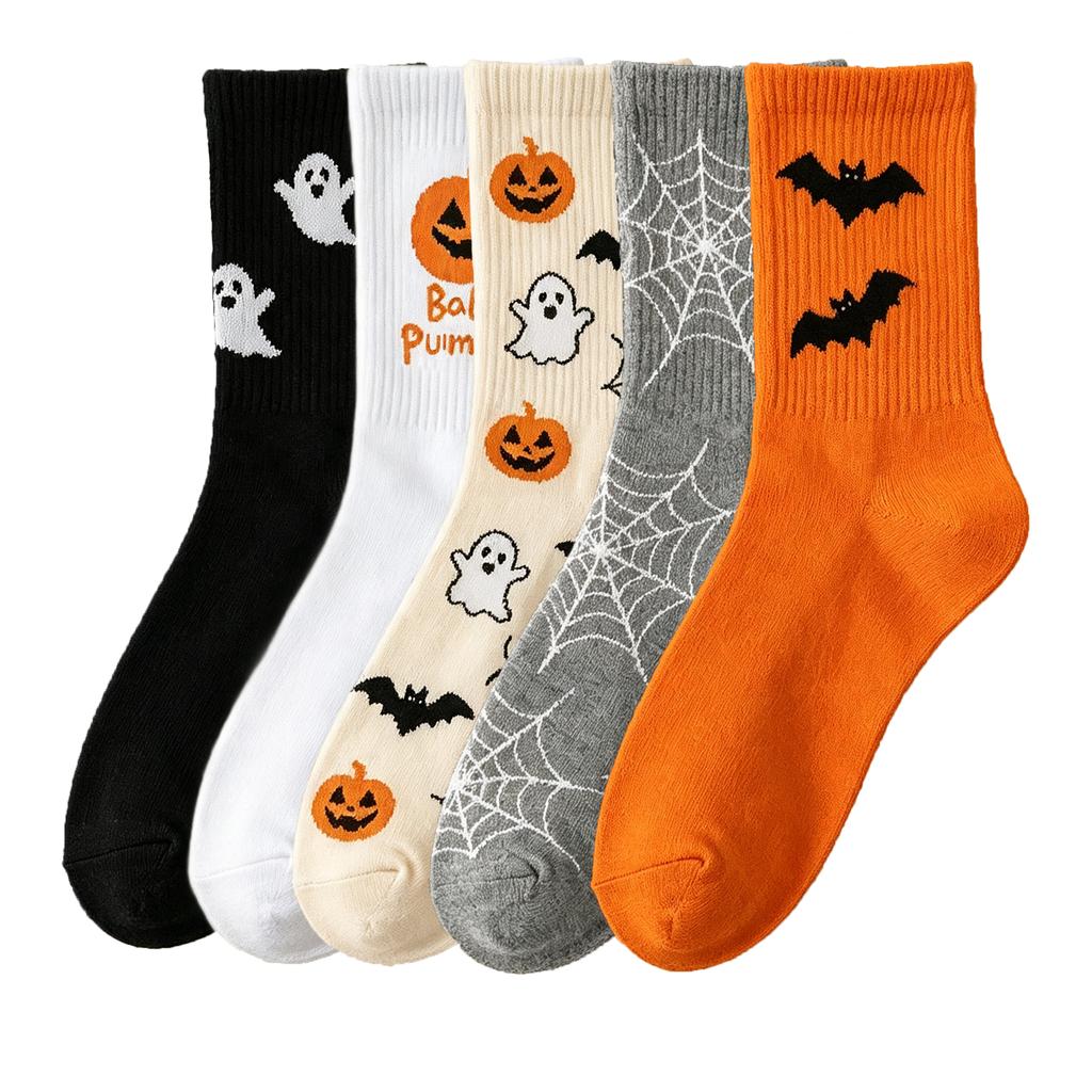 Xiaomi 5 pairs of autumn and winter Halloween mid calf socks set, featuring ghost, pumpkin, bat, and spider web patterns
