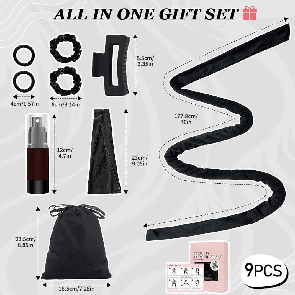 9pcs Heatless Curling Rod Headband, No Heat Silk Ribbon Rollers for Overnight Sleeping Curls, Styling Kit with Hair Clips and Sc