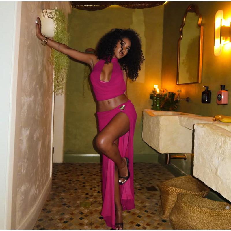 Sexy Metall Neckholder Top Röcke Damen Anzug Ausgeschnitten Rückenfrei Ärmellos Tank Hohe Taille Schlitz Midi Länge Rock Damen Outfits