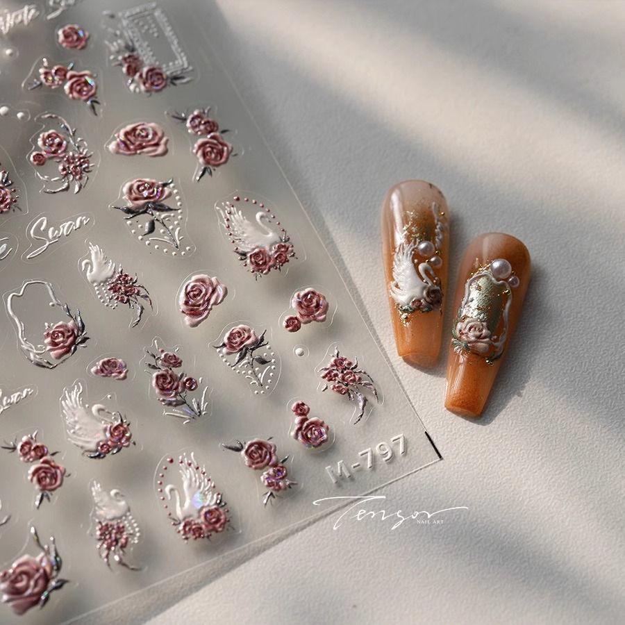 Elegant 3D Swan Flower Embossed Nail Art Stickers for Nails, Phones, and iPads