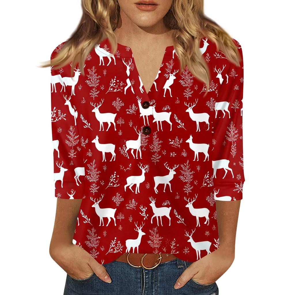Women's T Shirt Christmas Print Button 3/4 Sleeve Daily Weekend Fashion Basic V- Neck Regular Top