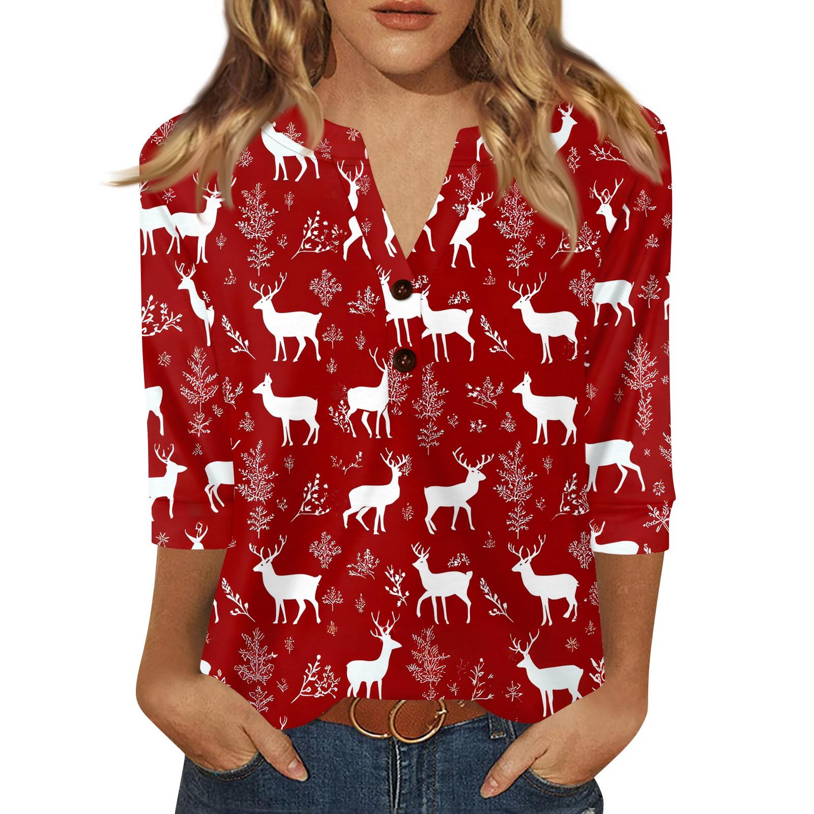 

Женская футболка с рождественским принтом, на пуговицах, рукав 3/4, повседневная, выходного дня, модная, базовая, с V-образным вырезом, стандартный топ M красный
