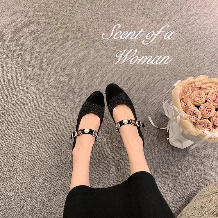 Princess Su Yinyin Anne~ Xiaoxiangfeng Tweed Color Matching Word Mary Jane Shoes Women's Flat Shoes