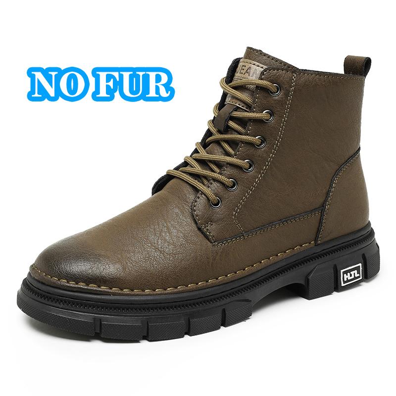 Soft Men's Genuine Leather High Top Shoes Classic Motorcycle Boots Leisure Walk Travel Mid-Calf Ankle Boots Warm Plush Fur Shoes