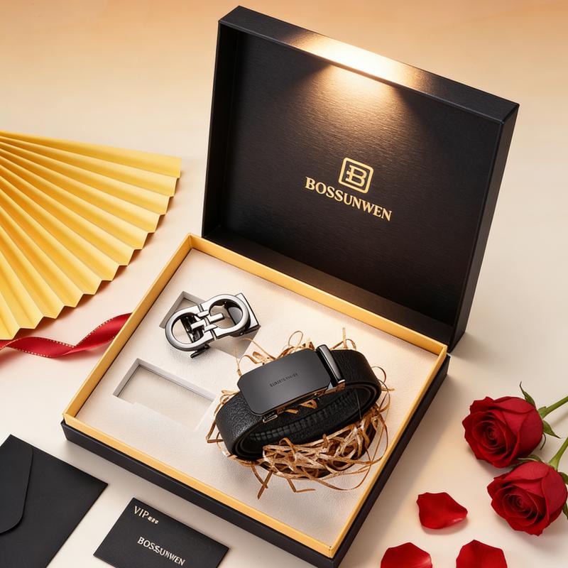

BOSSSUNWEN Men s Top-Grain Leather Automatic Buckle Belt 120cm